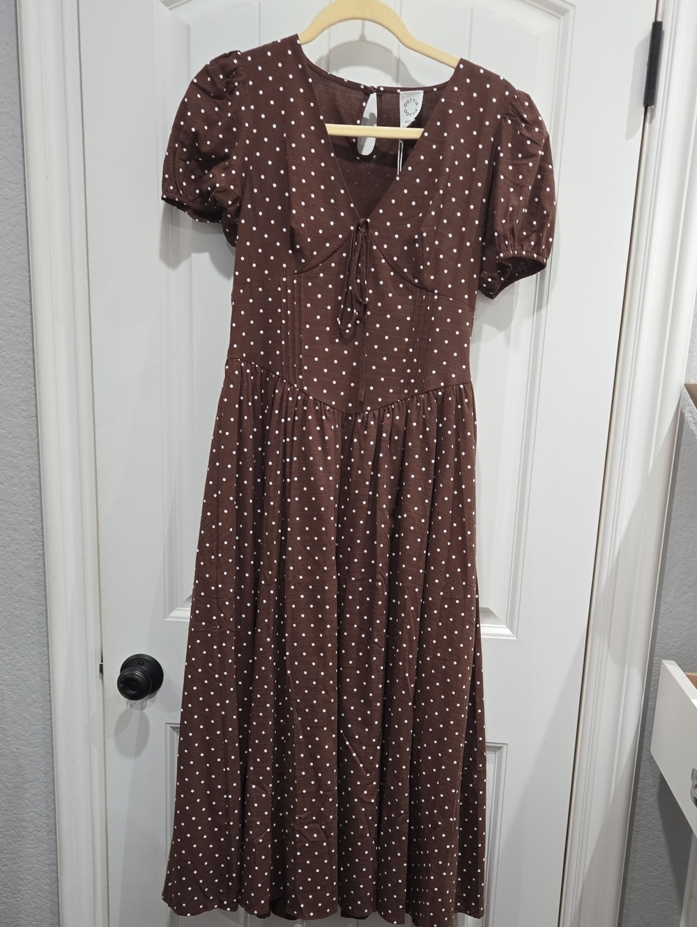 Dottie Dottie Brown Polka Dot Midi Dress with Puff Sleeves